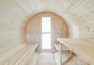 Pine Barrel Outdoor Sauna Room - Inside View